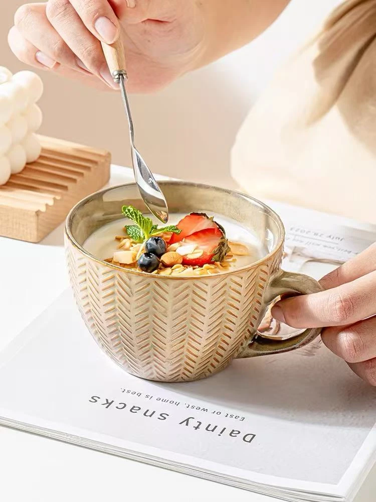 瑕疵特价麦穗复古浮雕早餐杯窑变高颜值陶瓷马克杯水杯家用咖啡杯