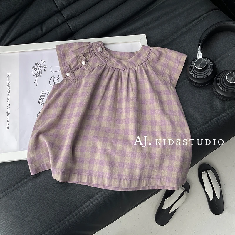 现【芋泥啵啵】阿湫夏女童国风盘扣撞色格纹短袖衬衫上衣MPG6300