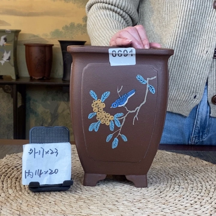 紫砂花盆  特惠紫泥奎面彩绘四方签筒0691