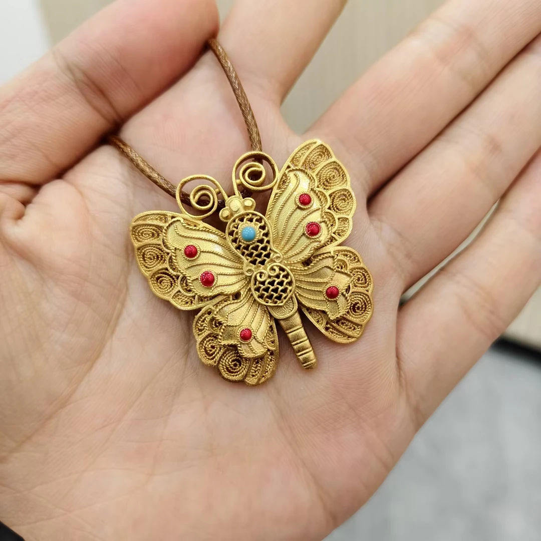 九乐 吊坠足银珐琅 金色花丝蝴蝶珐琅吊坠绳链