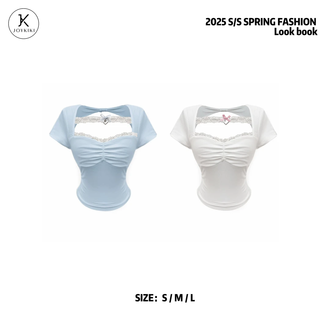 JOY KIKI 鹅了么【夏日晴空】夏季甜美蕾丝花边显瘦上衣 J25B465