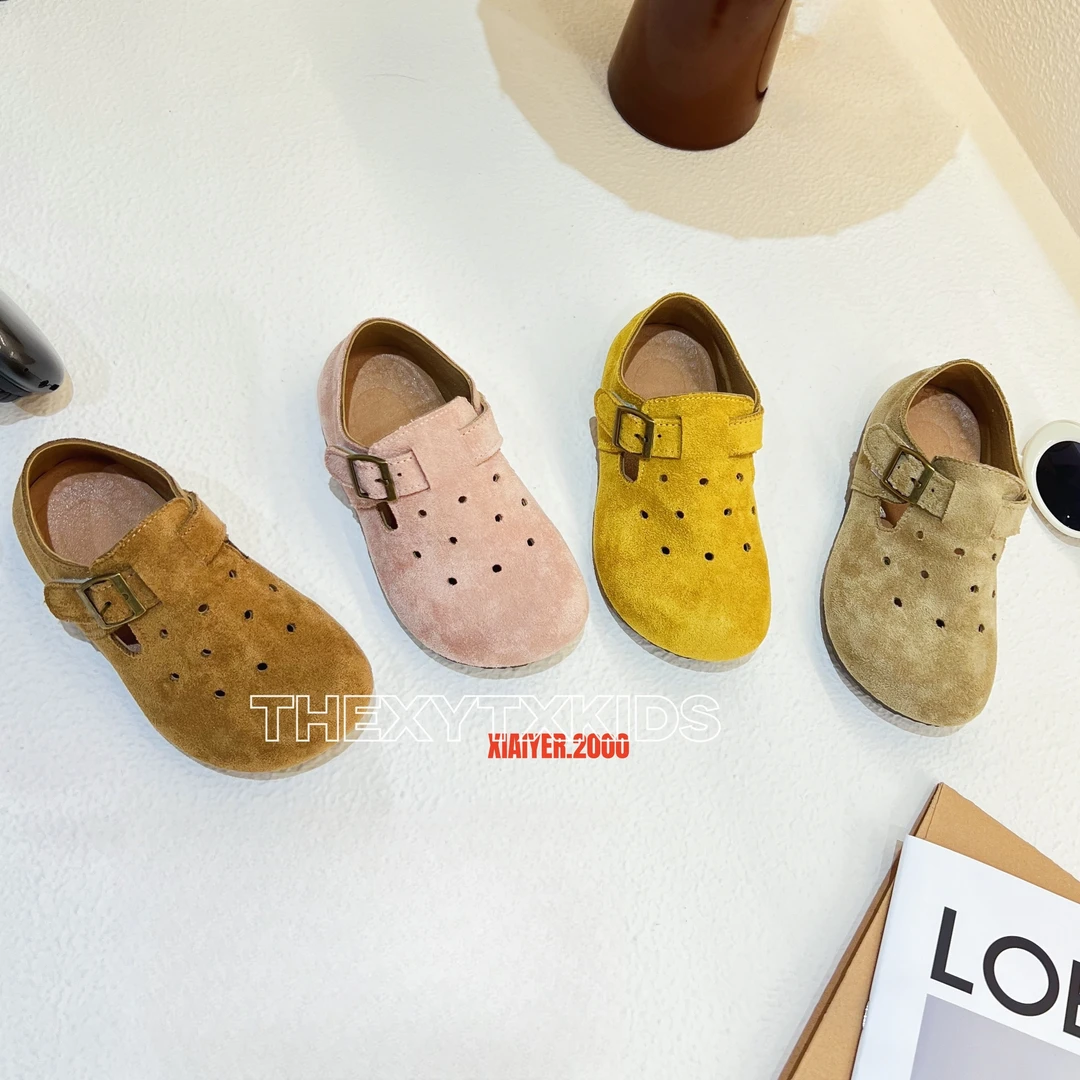 【小也原创】夏季新款真皮小皮鞋复古儿童洞洞勃肯皮鞋男女童魔术贴