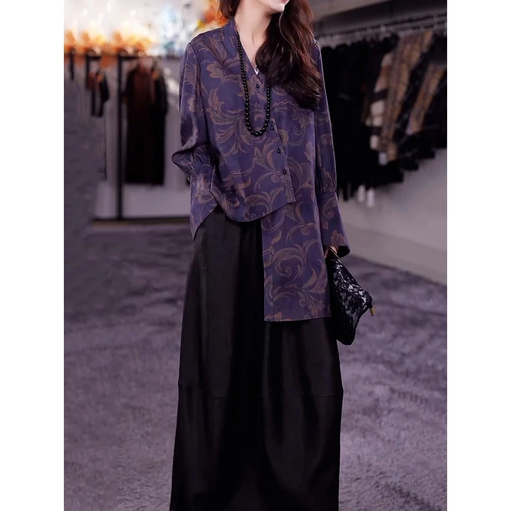 2025秋冬新款民族风休闲风套装女宽松不规则衬衫＋半身裙两件套