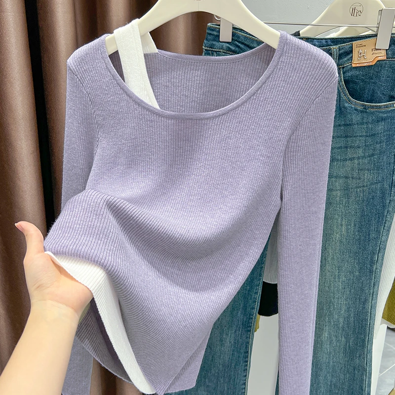 设计感拼接假两件圆领套头上衣女秋冬新款紫色针织长袖修身打底衫