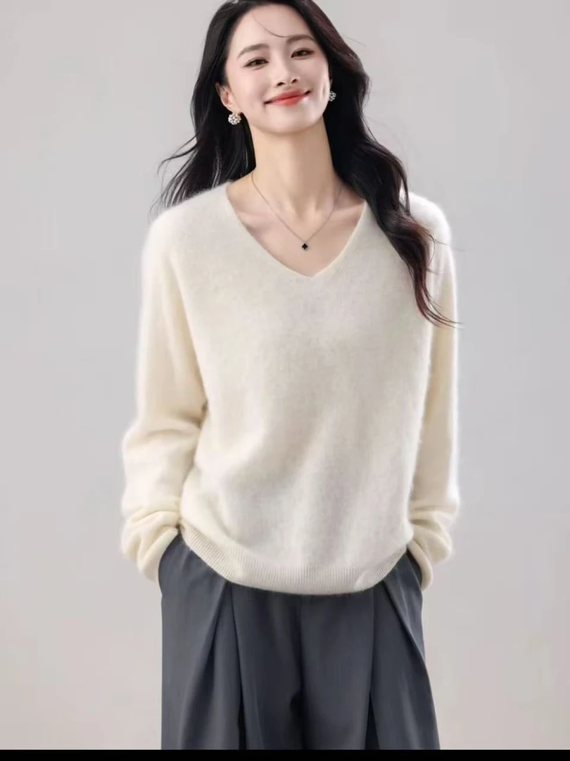 2025新款羊毛拉绒羊毛衫女V领宽松慵懒风毛衣时尚羊绒衫针织打底