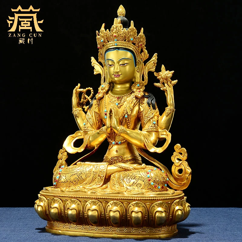 藏村铜全鎏金《四臂铜像摆件》居家室内玄关工艺品铜桌面摆饰10寸