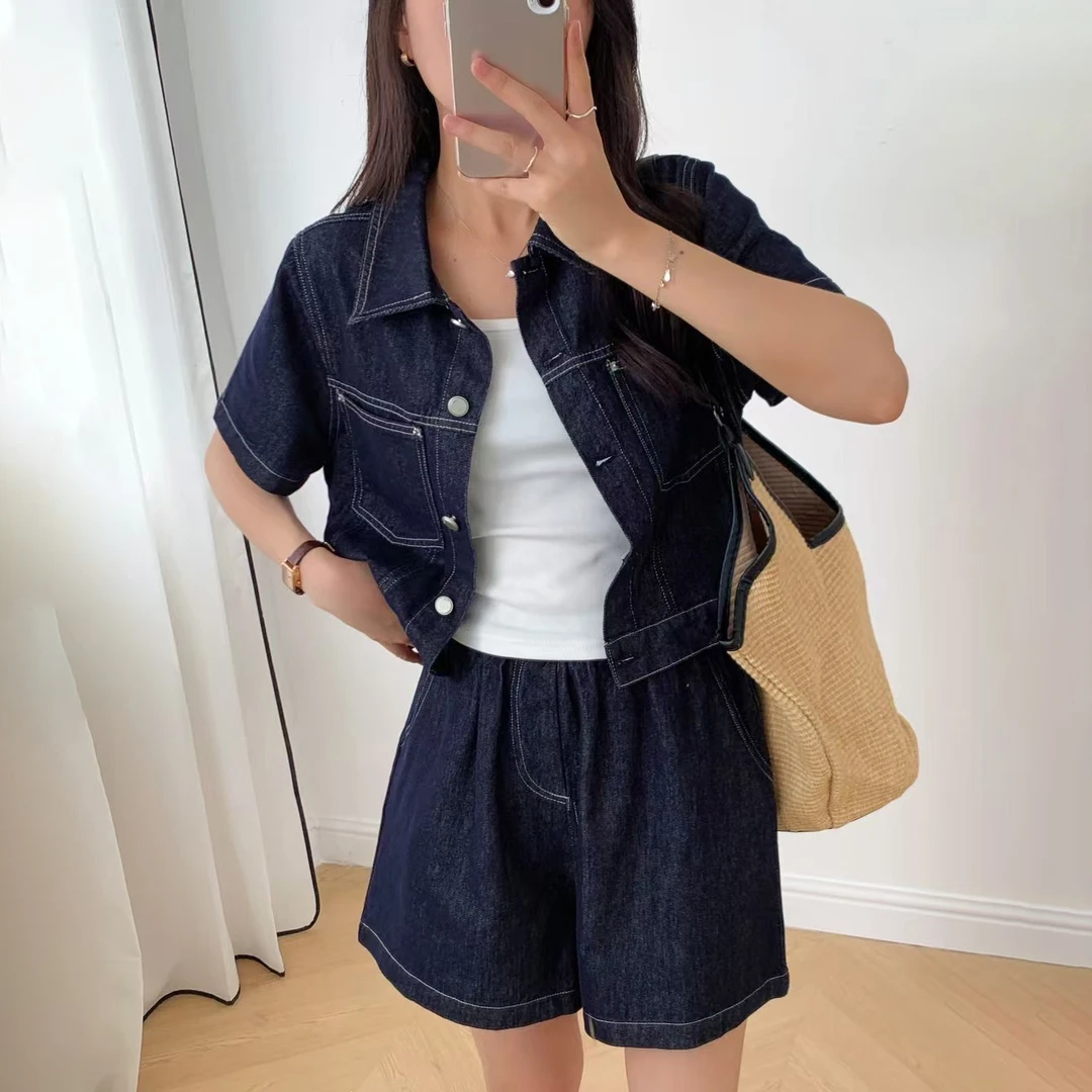 设计感开叉牛仔衬衣时尚套装夏季新款短袖上衣显瘦高腰短裤两件套