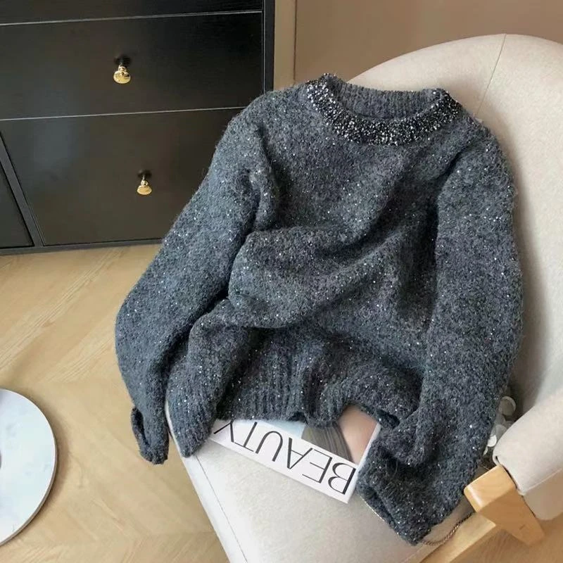 [麦霓严选]新款小众设计感领口亮片套头毛衣女百搭女士时尚8340