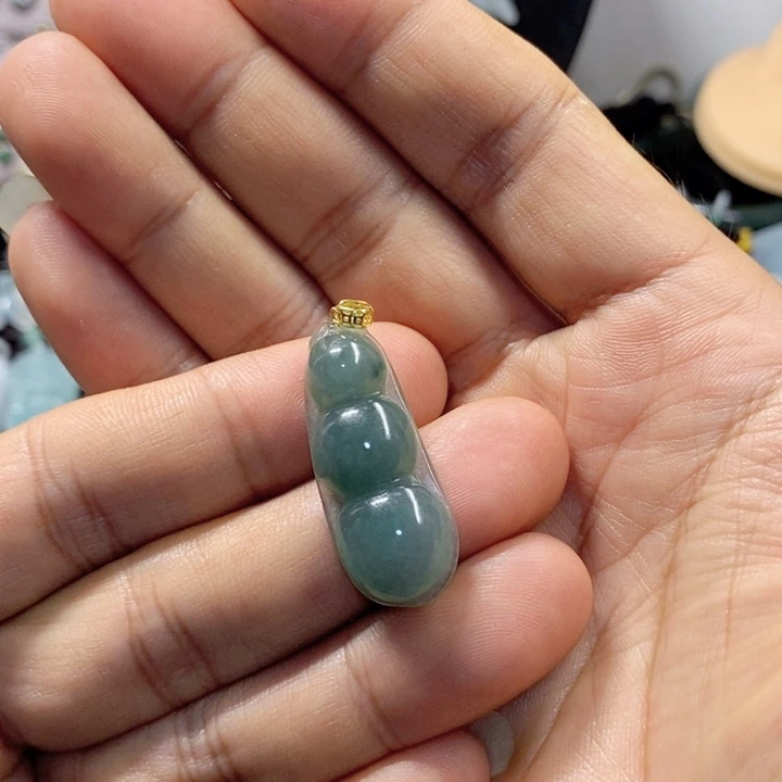 离***落翡翠18K金镶嵌颈饰缅甸翡翠A货豆子吊坠