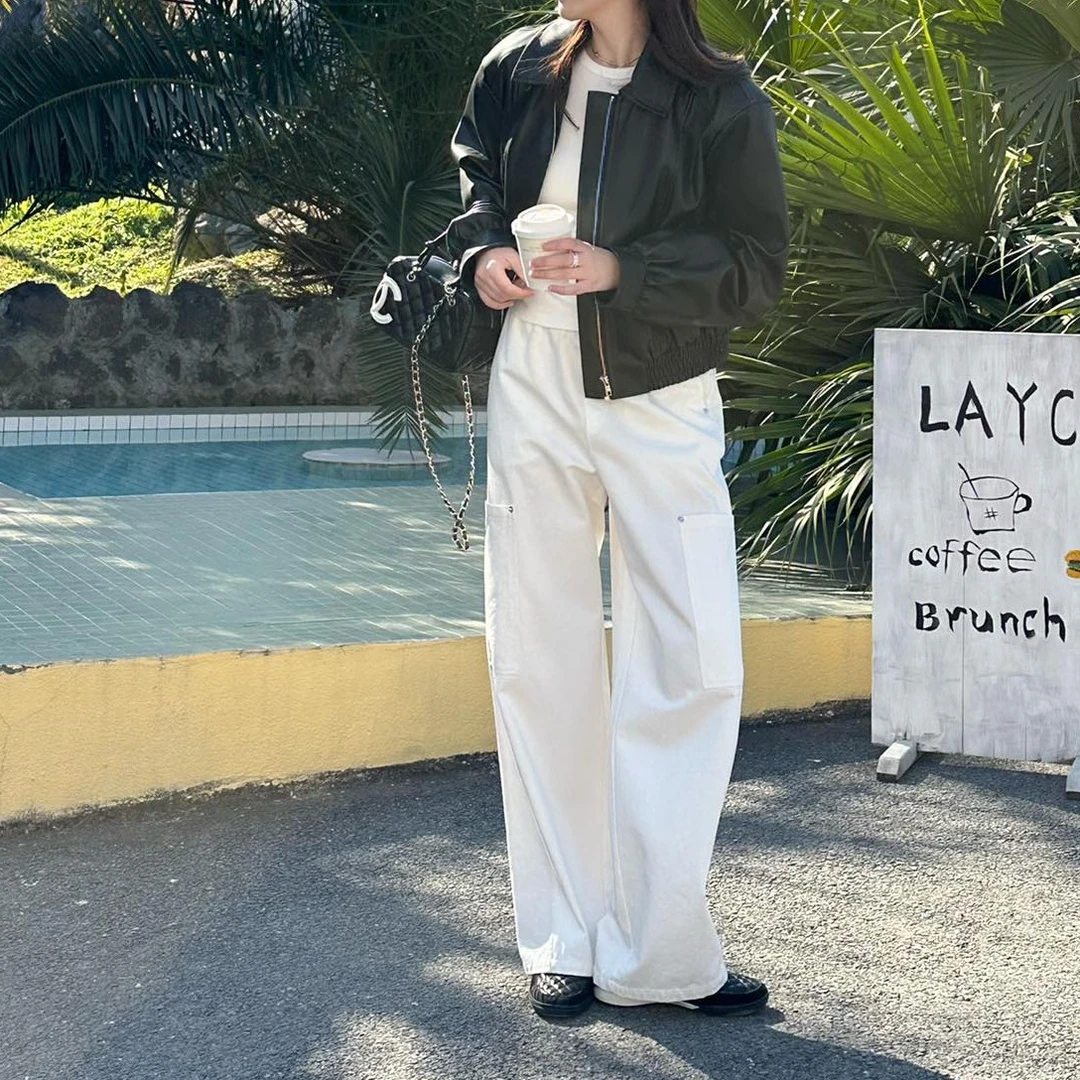 Seawhen海维恩「复古口袋工装裤」立体自然松紧腰直筒裤百搭朋克风