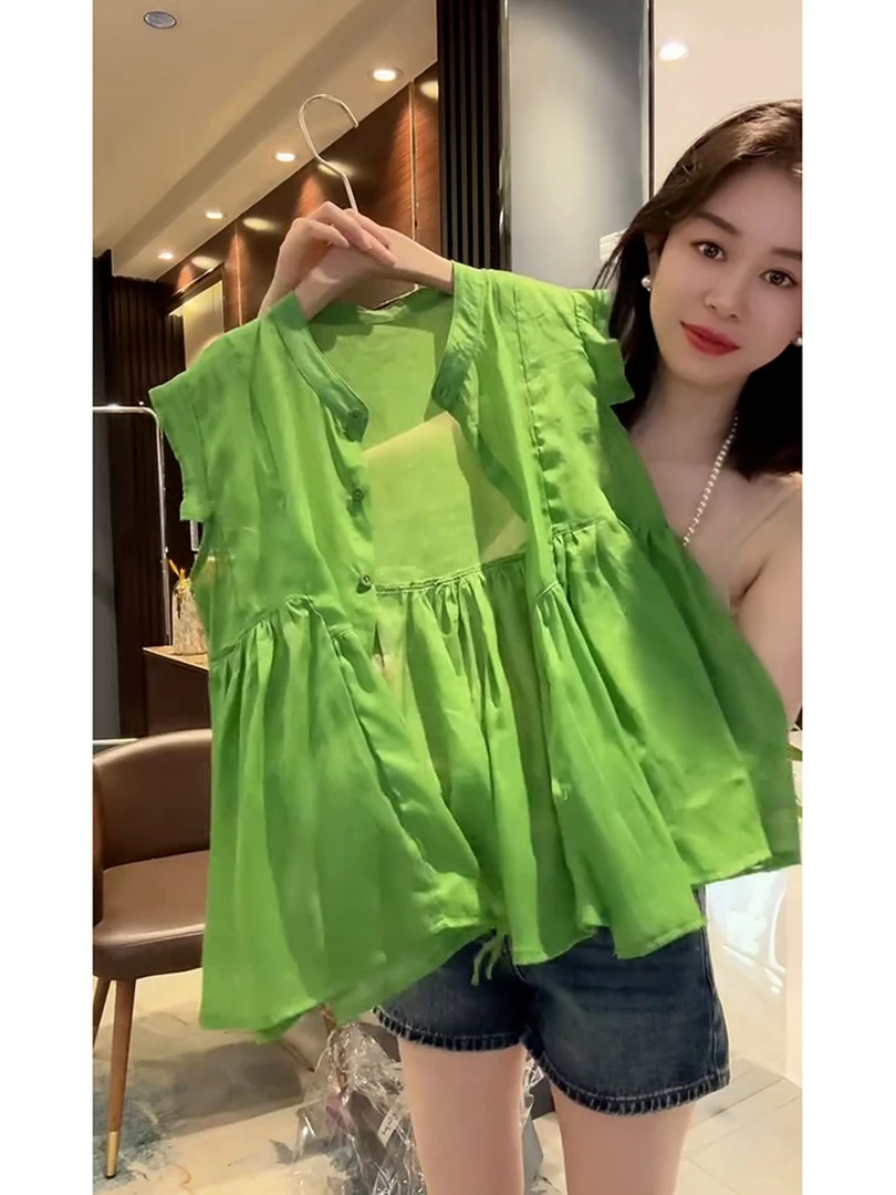 韩系chic洋气减龄高级感上衣独特超好看绿色亚麻无袖衬衫女夏季