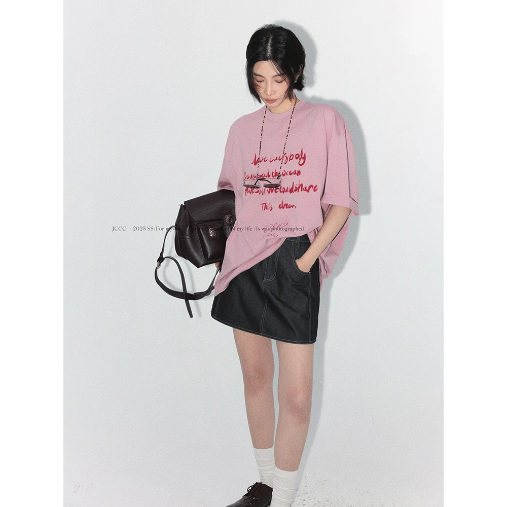 JCCC影子【桃甜也】粉色100%精梳棉字母印花短袖T恤JE5BBX11