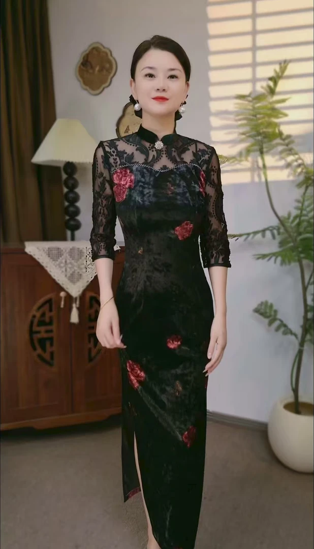 【风华秋实】网纱植绒提花气质时尚弹力修身高端丝绒烫金旗袍