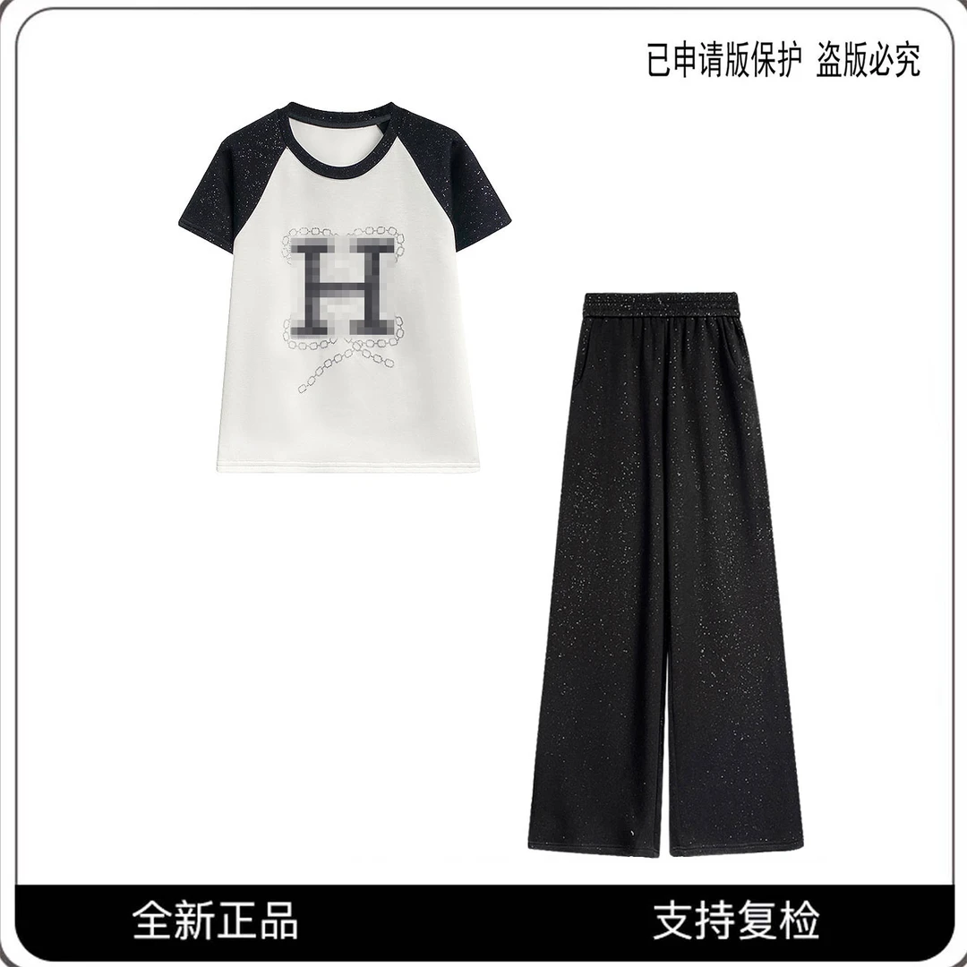#68068#CSIN时尚简约休闲拼接两件套2025春夏短袖潮流轻奢套装