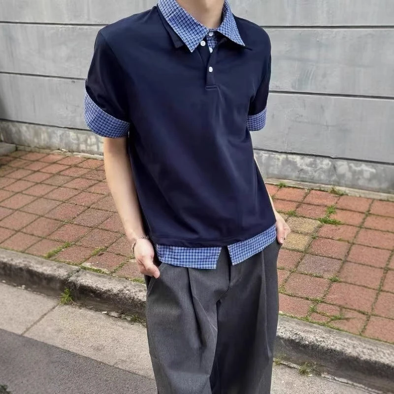 高中生美式拼接翻领polo衫短袖男夏季潮牌格子拼接休闲宽松上衣