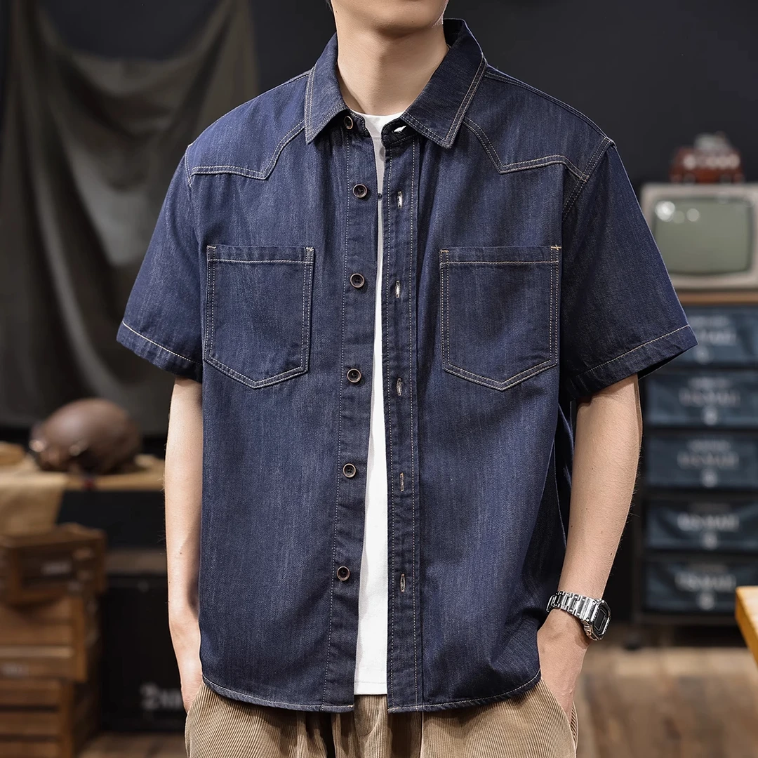 莱赛尔凉感休闲牛仔短袖衬衫男夏季薄款2025新款宽松工装衬衣男款