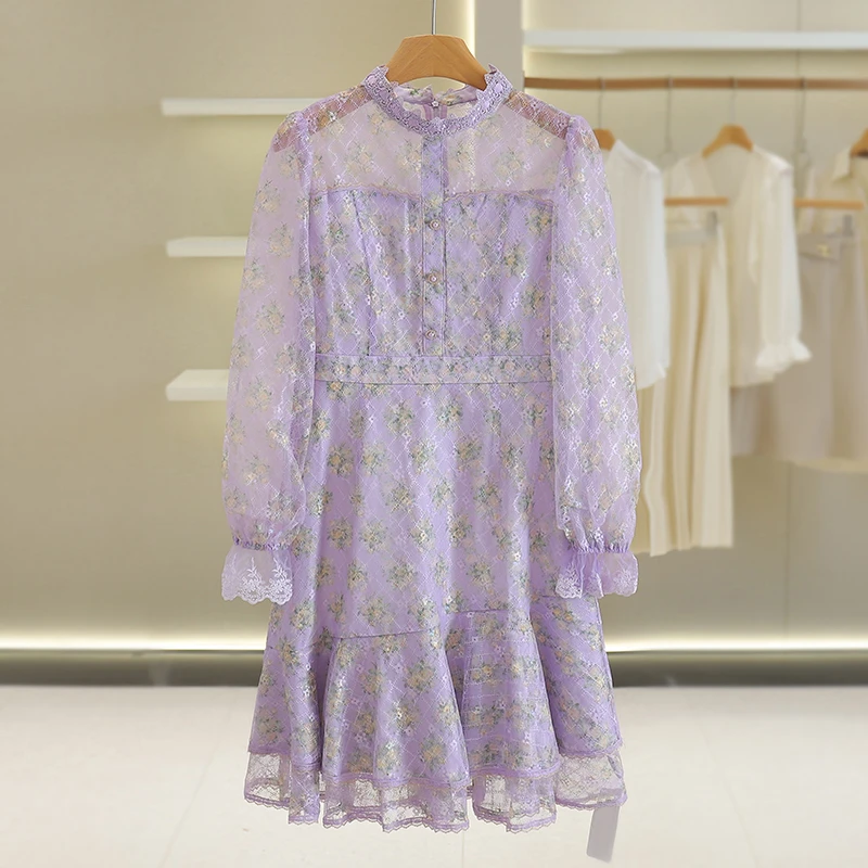 伍莎服饰云仓【郁】小清新碎花修身圆领蕾丝连衣裙新款