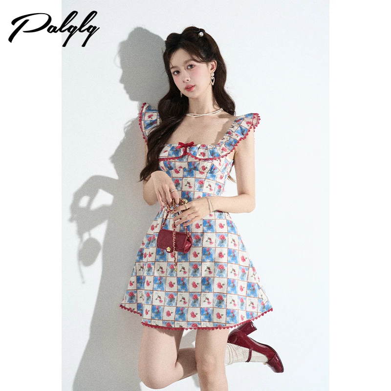 Palglg印花收腰方领飞飞袖高级感法式小香风蕾丝a字裙52PDA44092