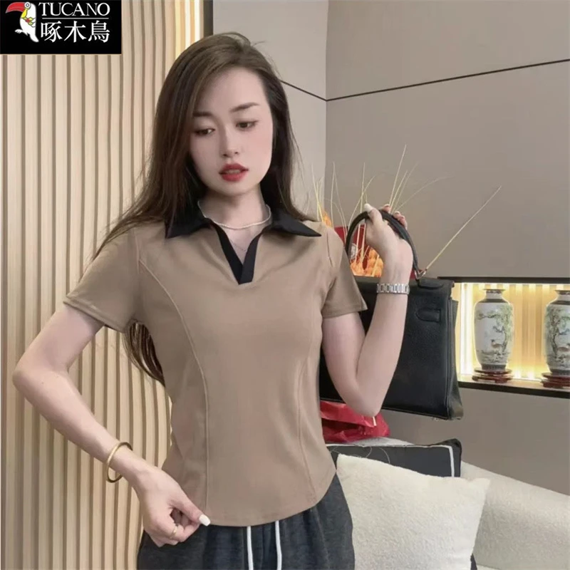 啄木鸟夏季短袖POLO领撞色T恤2025年新款洋气显瘦简约通勤上衣女