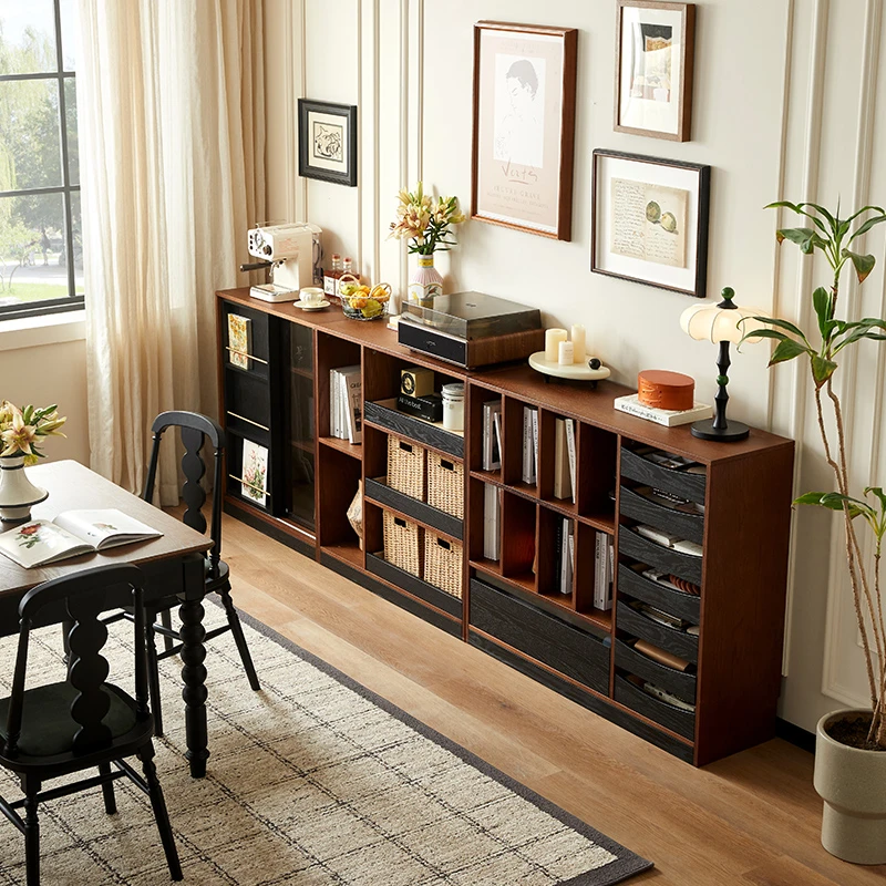 法式中古实木书柜沙发储物柜一体客厅整墙模块组合复古落地矮书柜