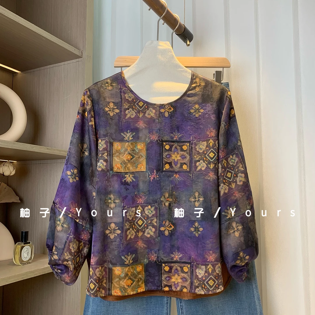 柚子yours【紫菱团花】100桑蚕丝红云纱罗晕染印花大漆扣上衣