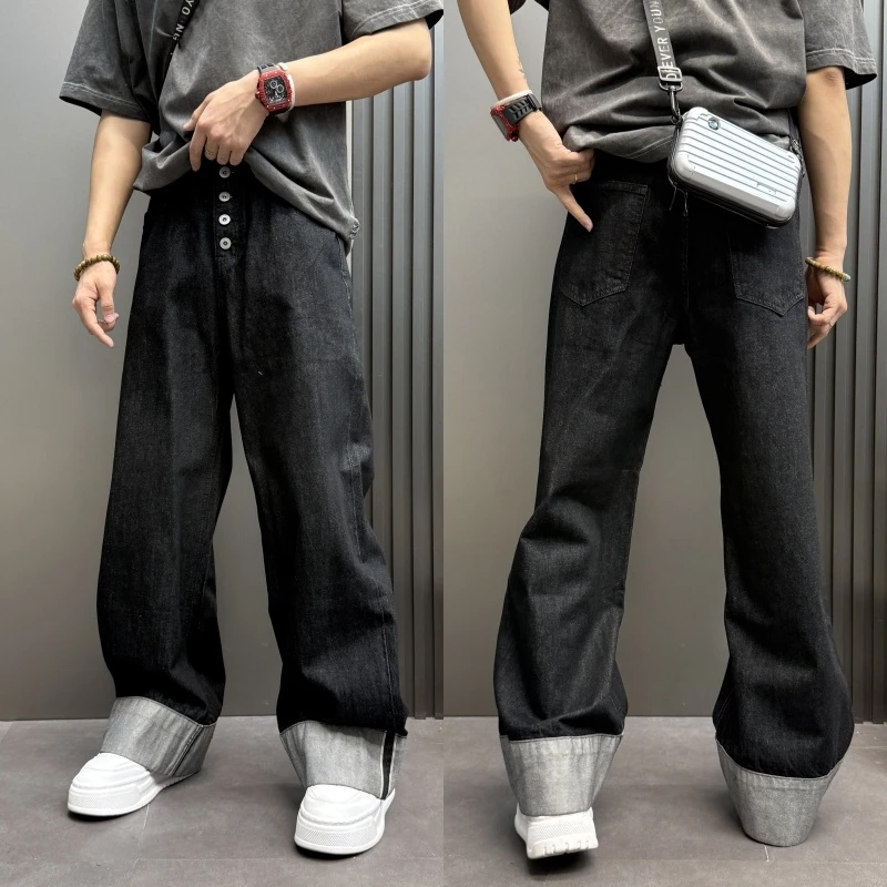 美式复古弯刀牛仔裤男秋季排扣阔腿微喇拖地裤宽松百搭休闲直筒裤