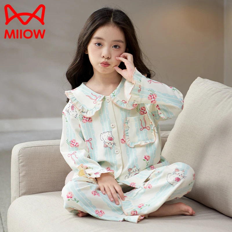 MiiOW/猫人儿童睡衣女童春秋季100%纯棉长袖长裤儿童开衫家居服