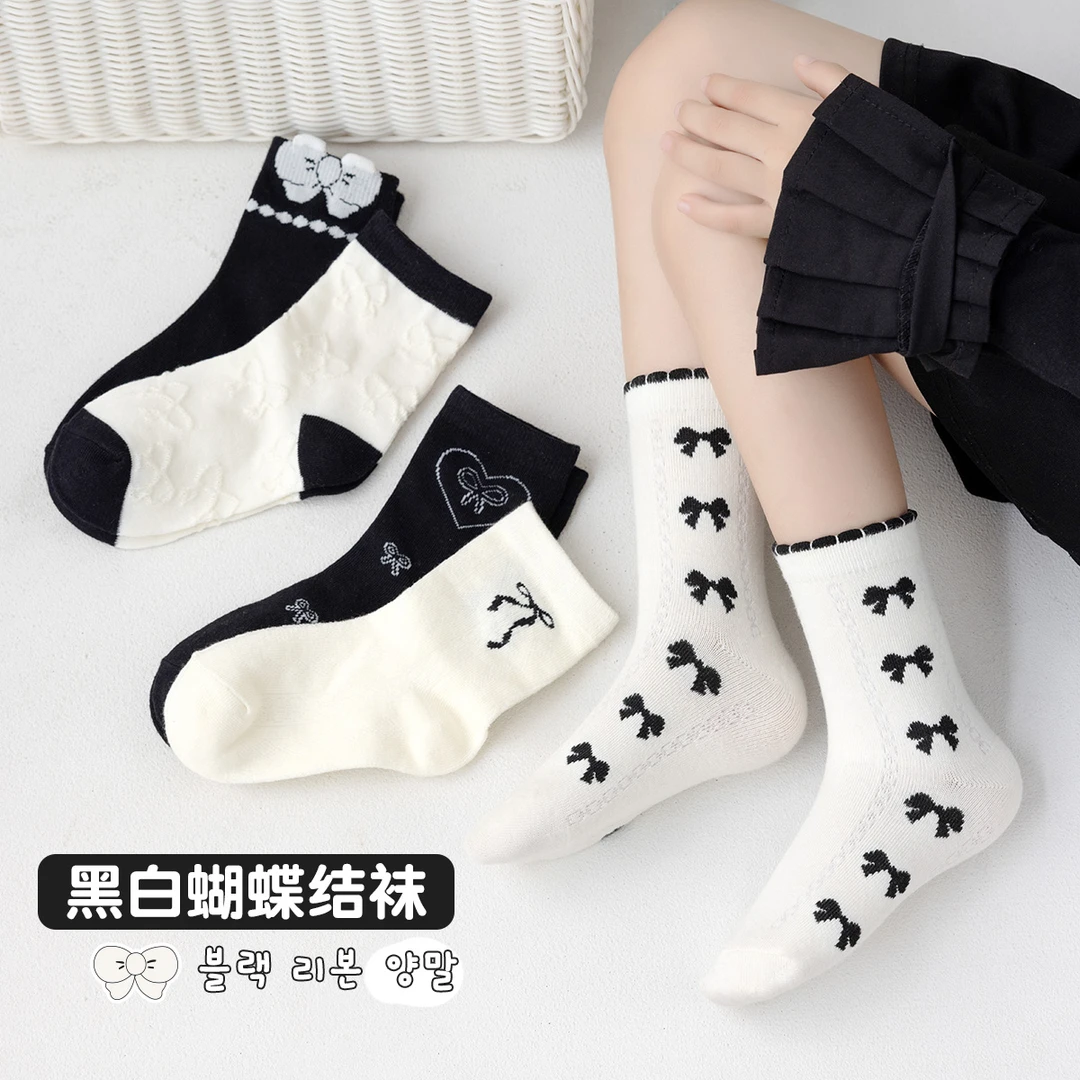 儿童秋冬舒适柔软透气棉袜女童女宝学生蝴蝶结短袜袜子
