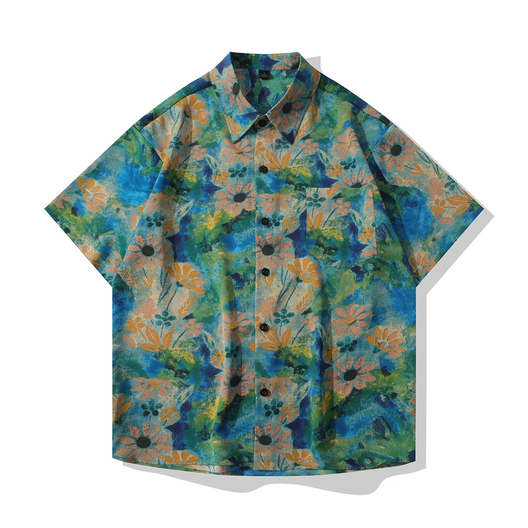 夏季潮流衬衫上衣柔软印花短袖休闲满印港风情侣速干宽松凉感衬衣