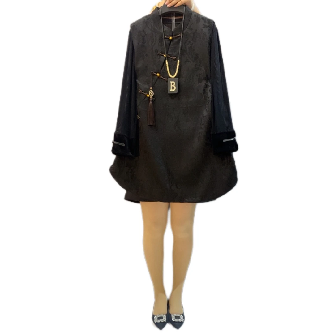 冬季新款时尚必备加厚中长款马甲裙打底衫国潮改良盘扣套裙胖妹妹