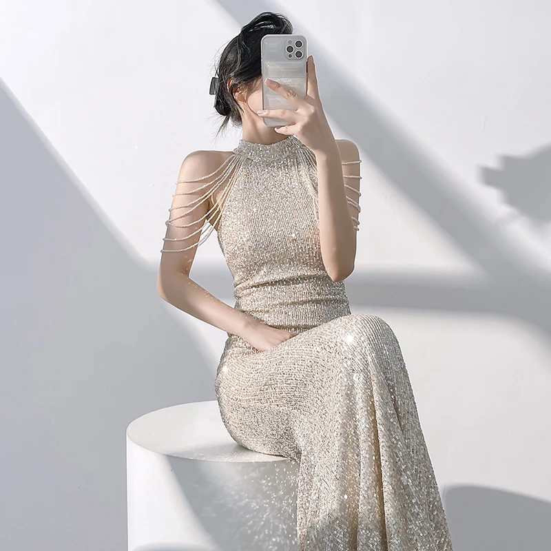 香槟色晚礼服女高级感宴会气质轻奢小众主持人鱼尾亮片毕业裙高端
