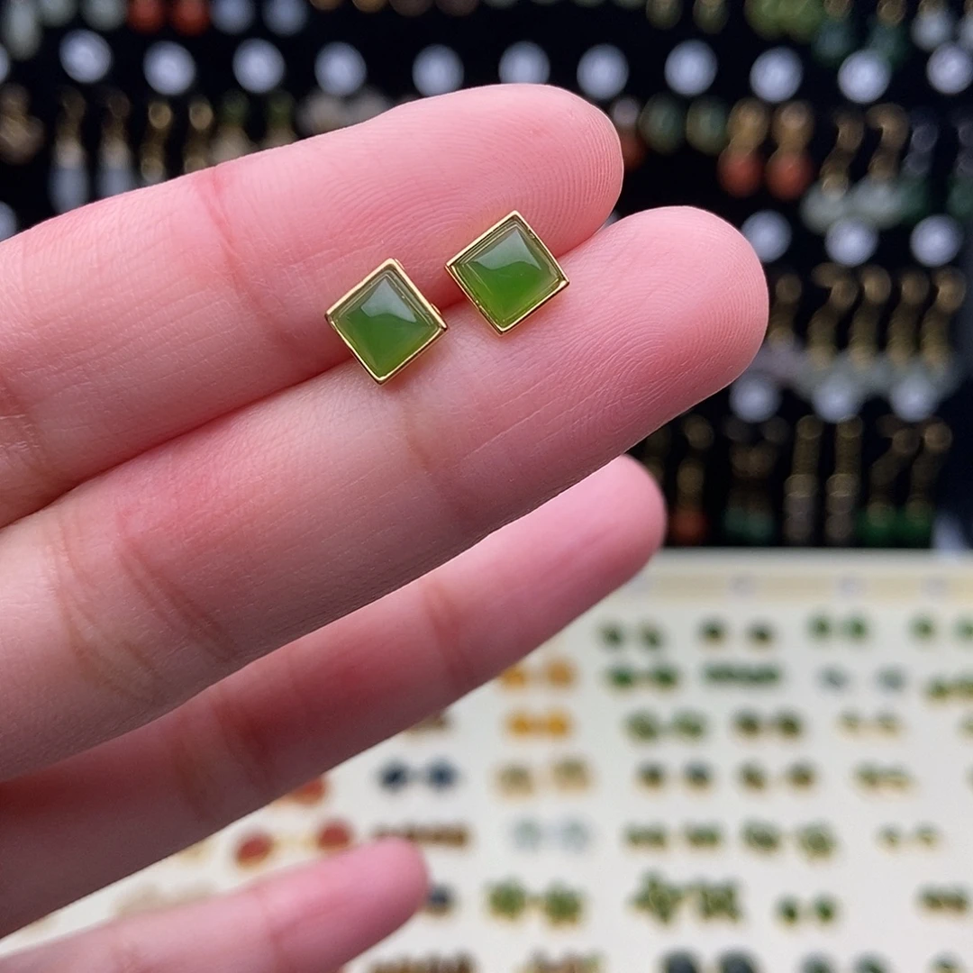 和田玉银S925镀金镶嵌耳饰