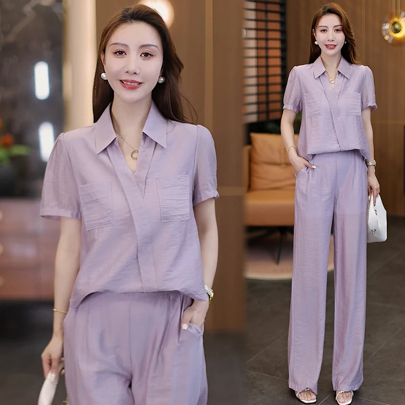 时尚国风短袖套装女2025夏新款气质减龄洋气百搭上衣直筒裤两件套