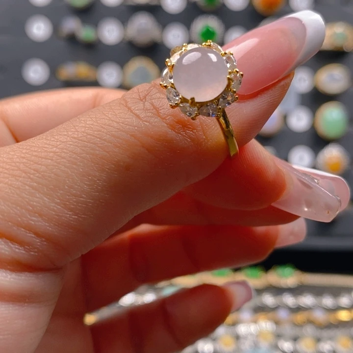 翡翠戒指银S925镶嵌小**饼天然翡翠翡翠戒指925