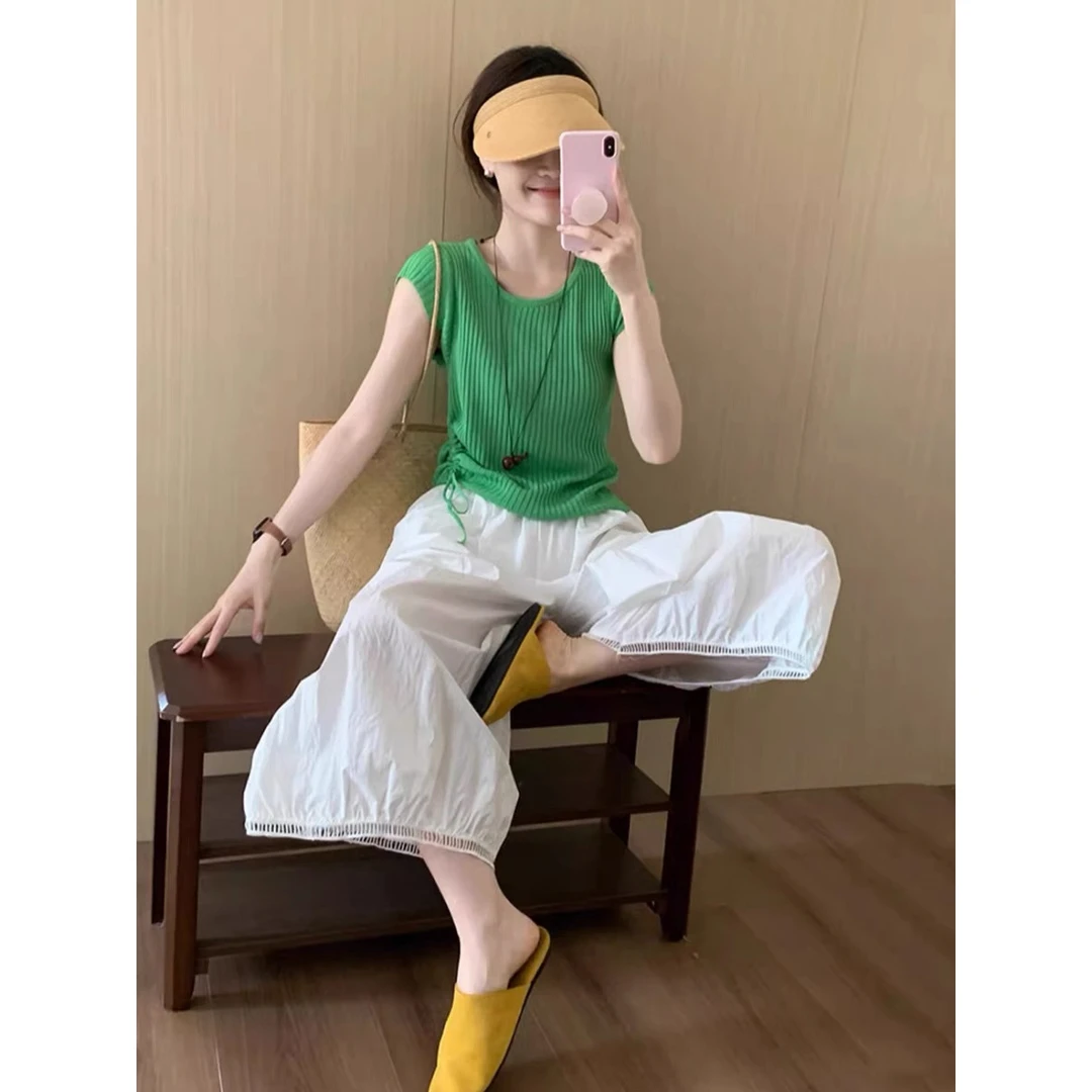 绿色冰丝针织正肩短袖T恤女2025新款夏日ootd穿搭多巴胺抽绳上衣