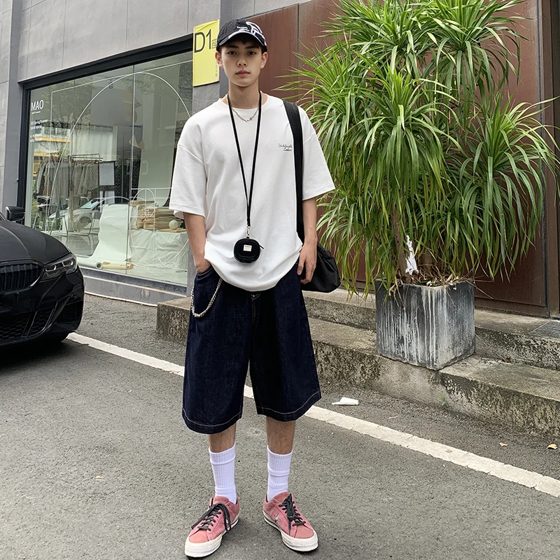 Lookun 蓝星 牛仔直筒休闲百搭夏季宽松纯色ins短裤情侣复古男士