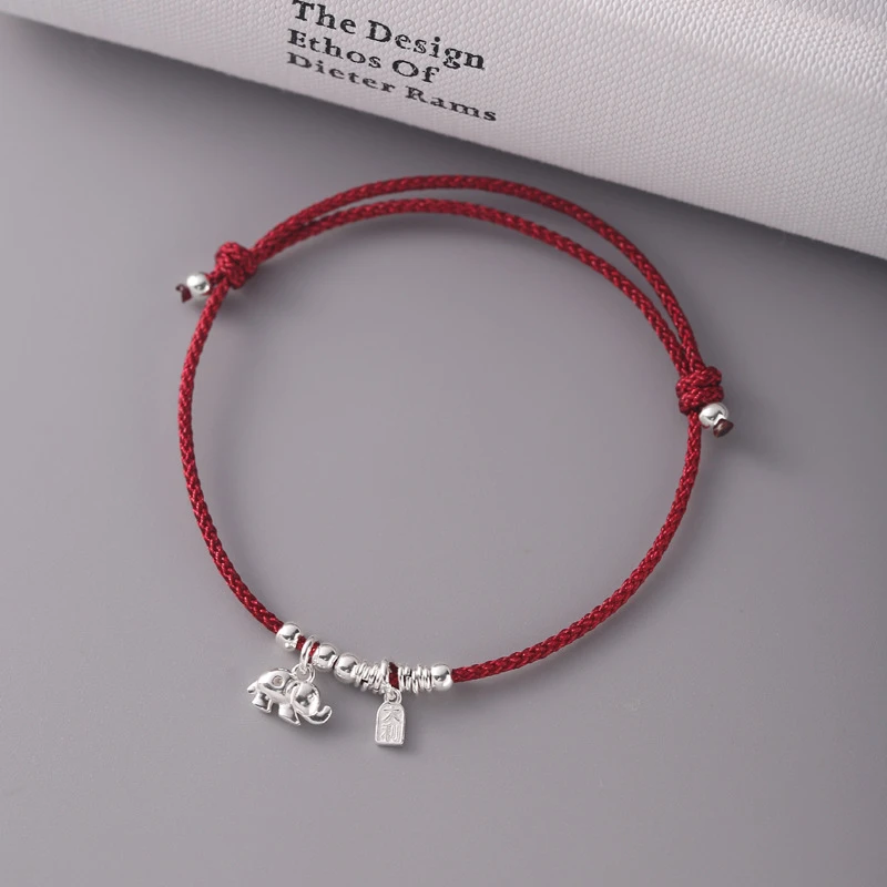 925银手链 925纯银小象红绳手链女简约新中式设手工可调节大小百