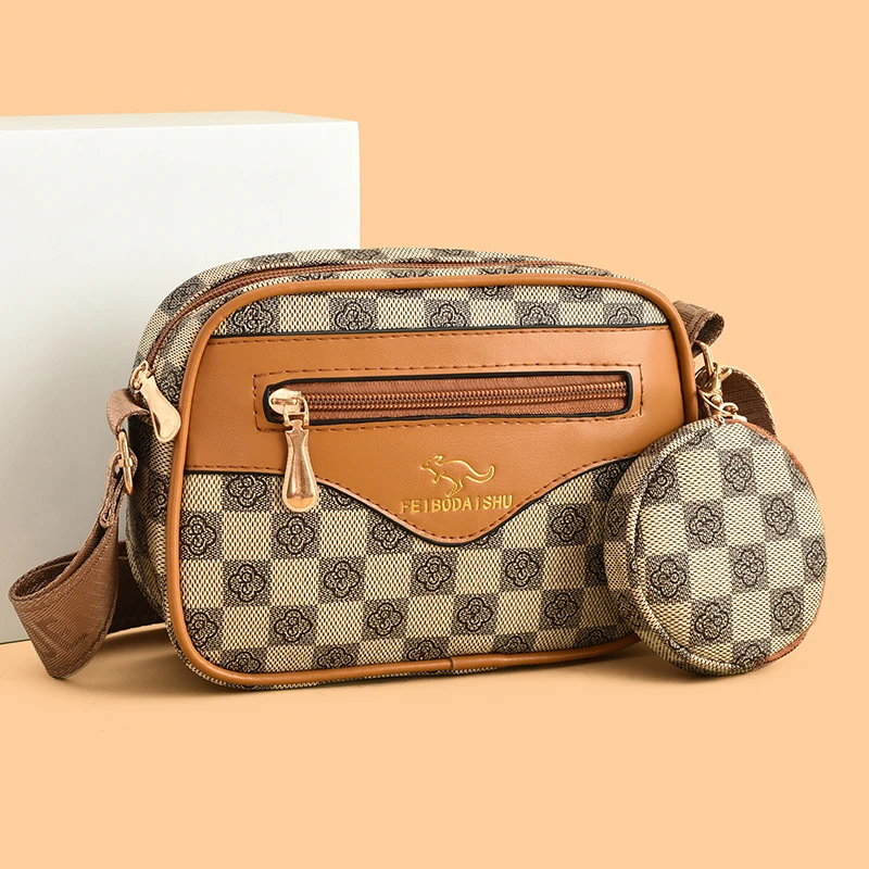 耐磨单肩多层款斜挎包女式小包小方包工装风中性风6658棋盘格卡其