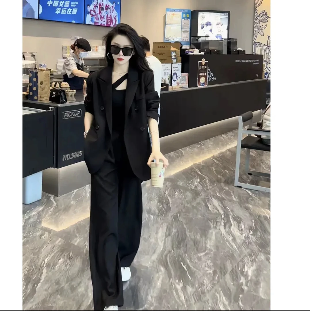 大码韩版休闲高级感气质西装套装女春秋胖mm职业西服阔腿裤两件套
