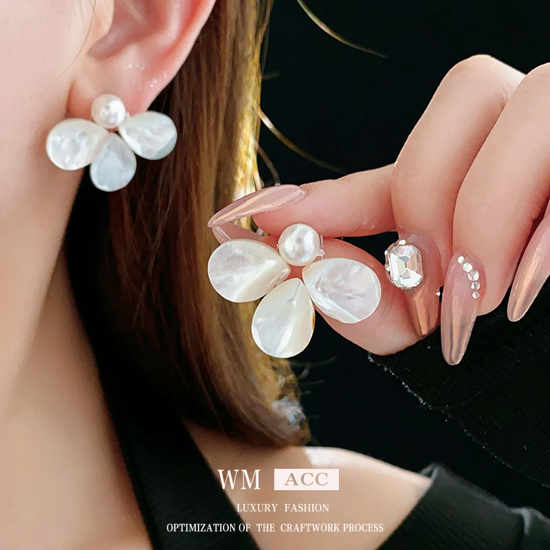 银针珍珠贝母花朵耳钉小众轻奢感气质耳环简约气质