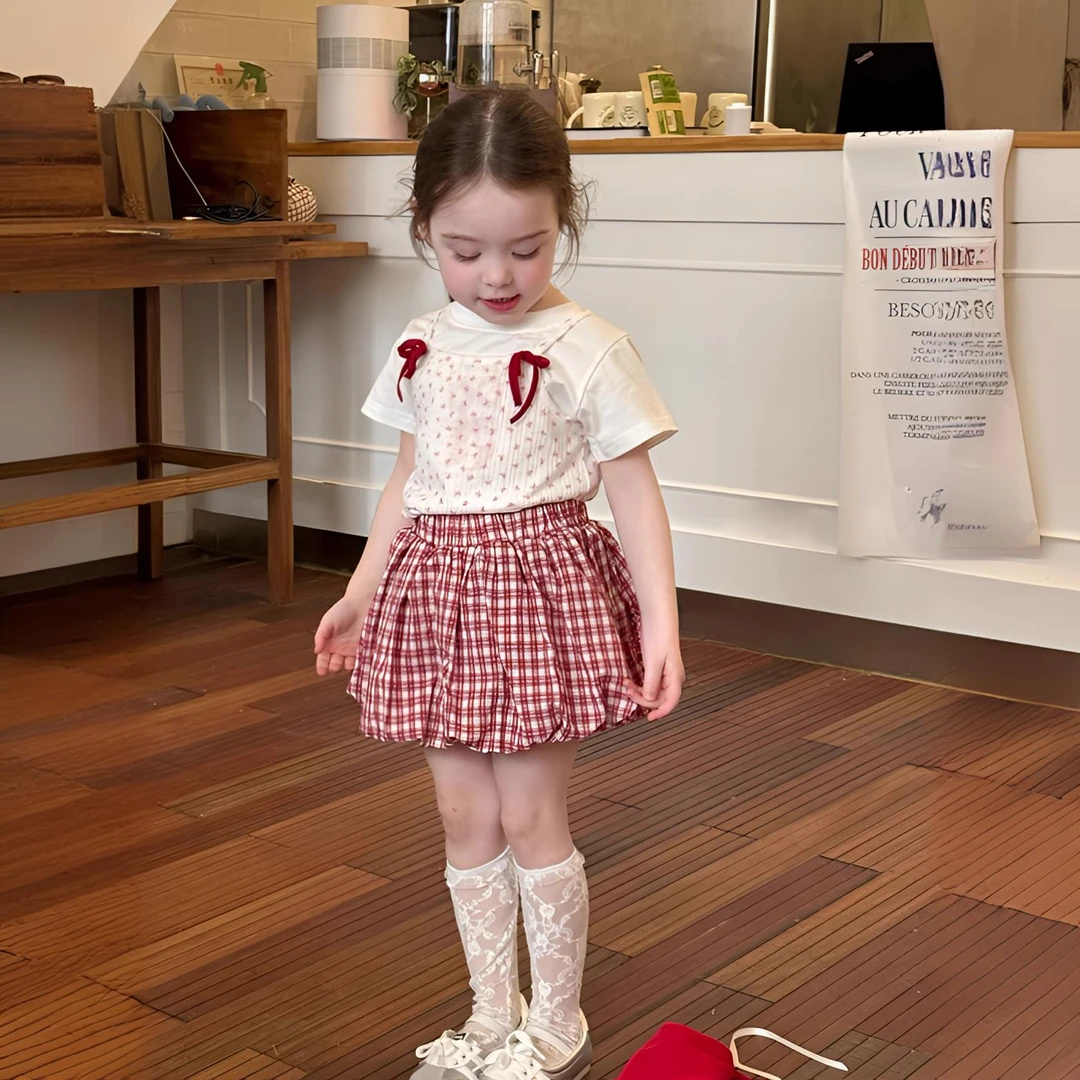 女童套装2025夏季新款碎花吊带印花T恤女宝宝红格子花苞半身裙