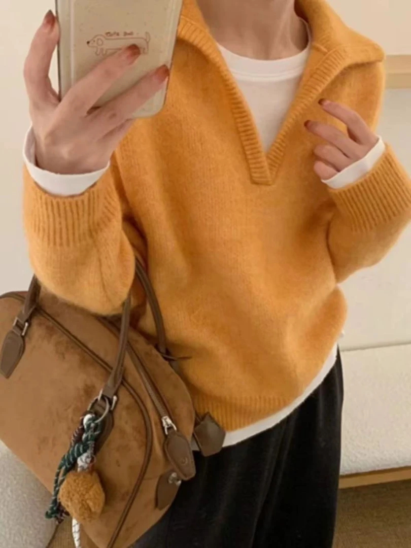 秋冬新款加厚羊毛衫女100%纯羊毛翻领毛衣宽松显瘦针织内搭上衣