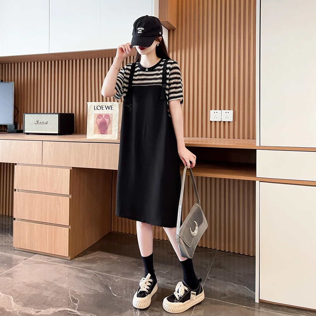 设计感假两件背带连衣裙女夏季韩版宽松大码显瘦洋气时尚气质长裙