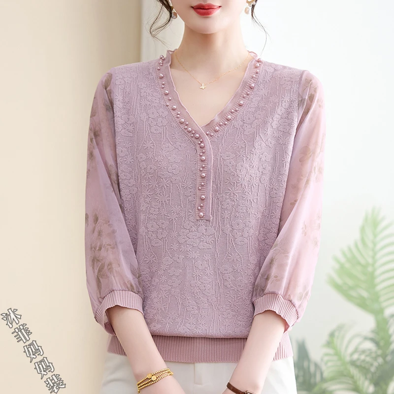 新款妈妈春装薄款七分纱袖针织小衫中老年女春夏季洋气T恤衫上衣