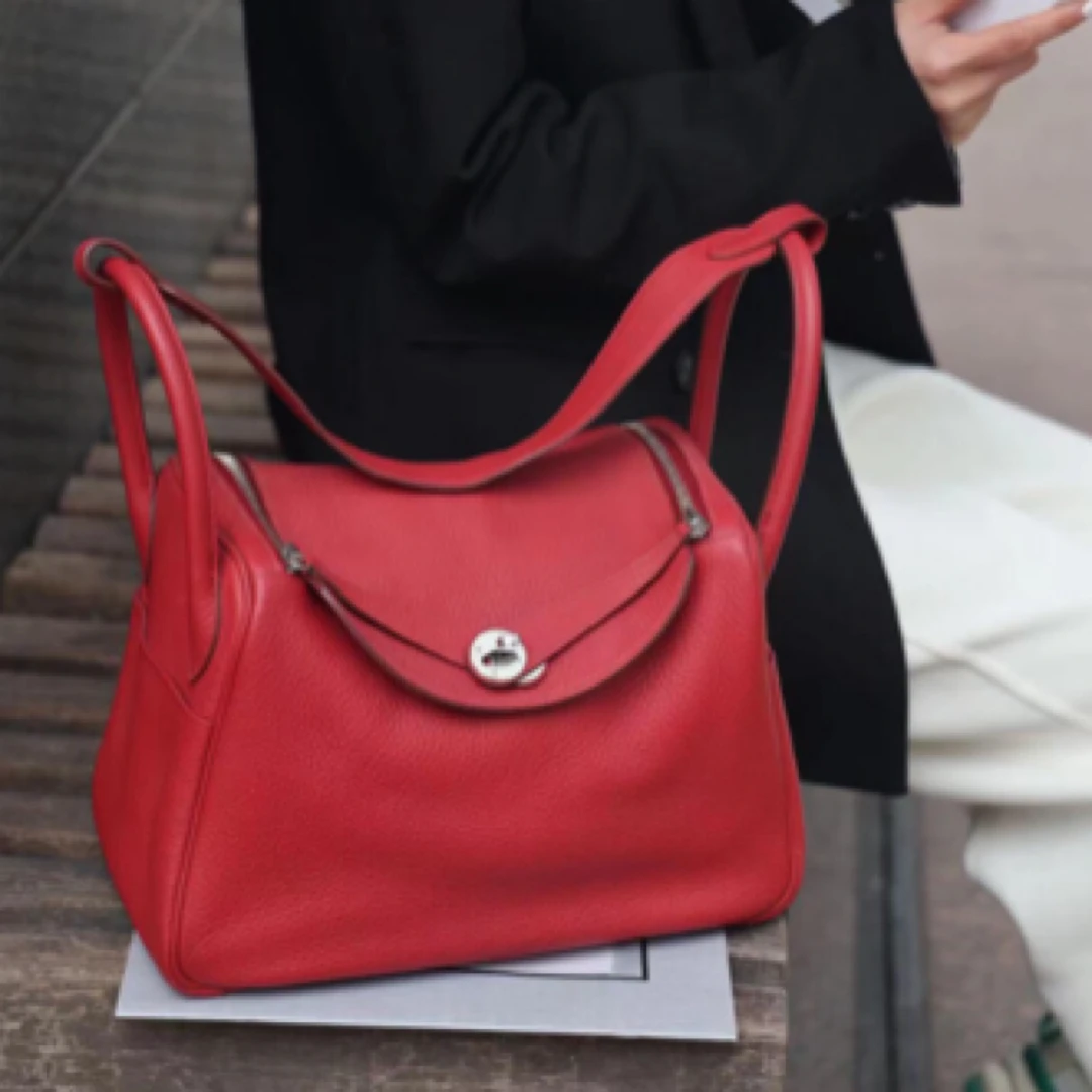 99新 Hermes/爱马仕 lindy34红色银扣tc皮q单肩包8022071