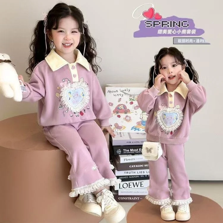 两件套潮女小童爱心花边套装春秋款女宝宝翻领卫衣春装小女孩休闲