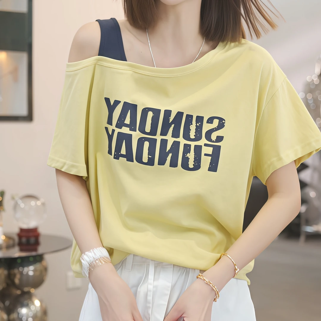韩版撞色吊带斜领露肩短袖T恤女25夏季新款字母印花时尚百搭上衣