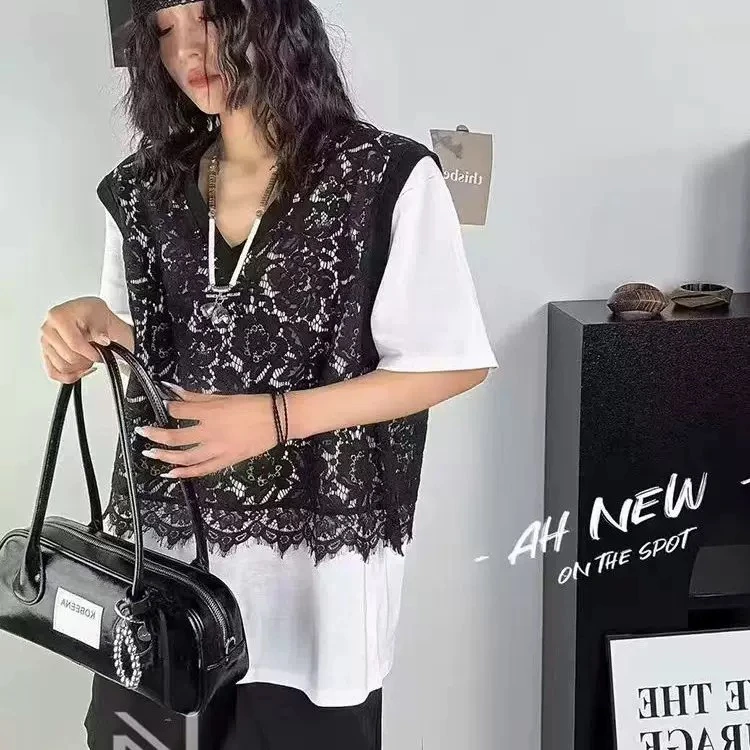 拼色拼蕾丝假两件短袖T恤衫宽松洋气冰丝春夏新款女大码胖mm上衣