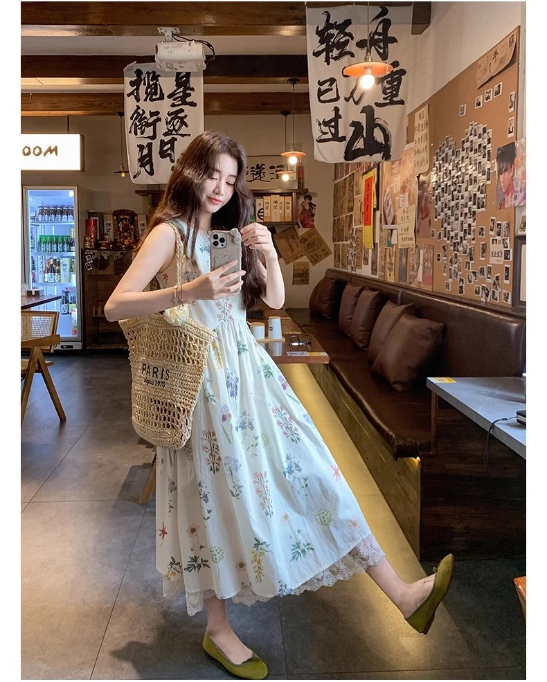 蕾丝边植物印花连衣裙背心裙子小个子浪漫度假风碎花长裙子夏季女
