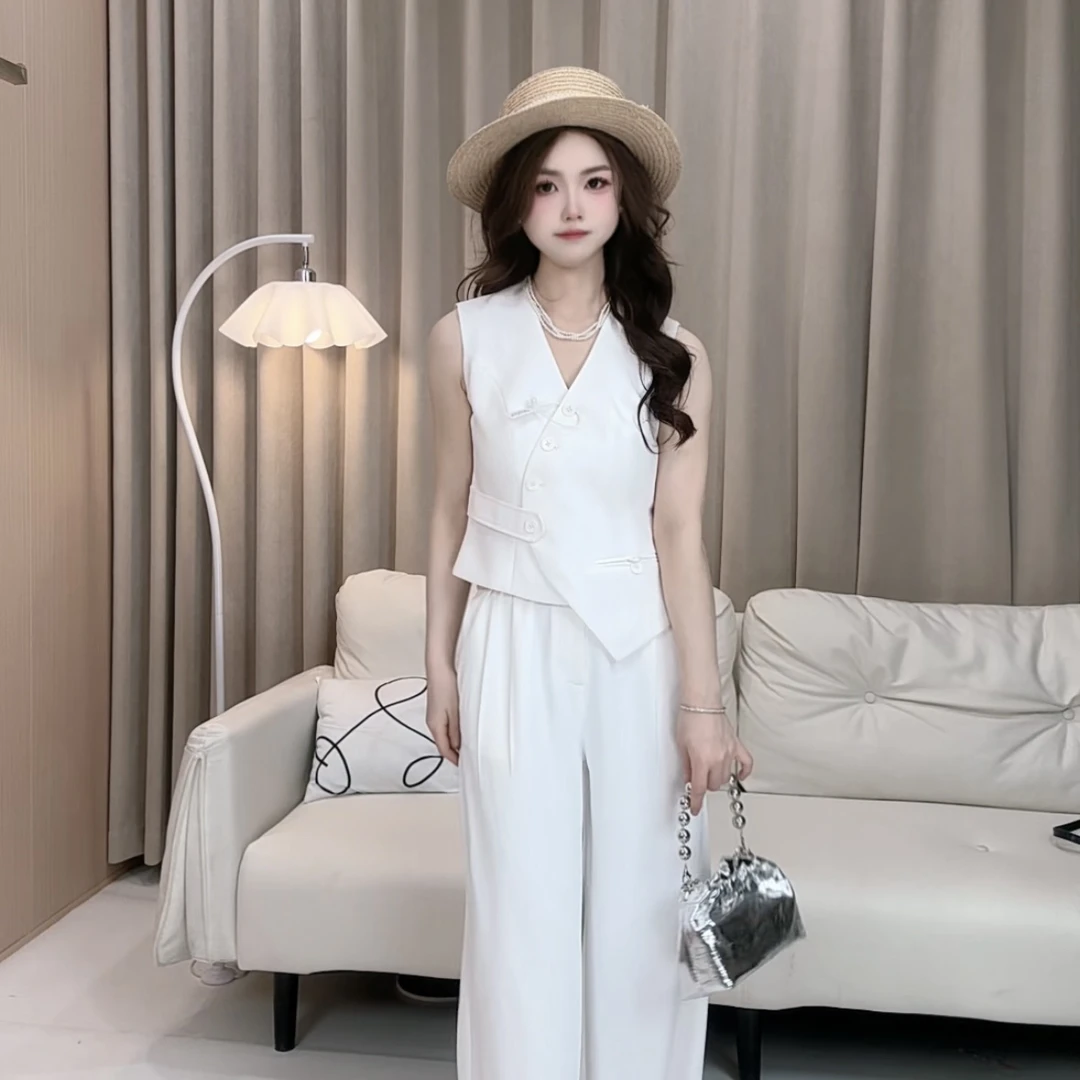 2025新薄款夏季高级感不规则马甲阔腿裤套装